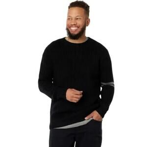 LABEL Mens Go-To Sweater Small Black Grey Merino Wool Knit Crewneck Pullover NWT